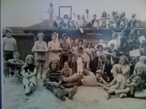 black and white photo of a youth group at Rockin R Ranch in 1972