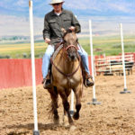 Man weaving around poles on a horse in the arena